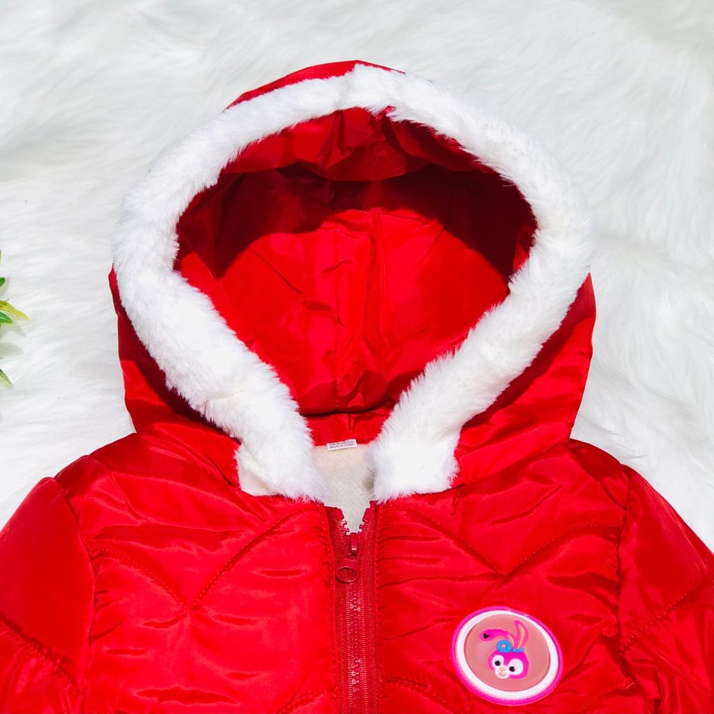 Girls Red Warm Inner Furr Hoodied Puffer Jacket