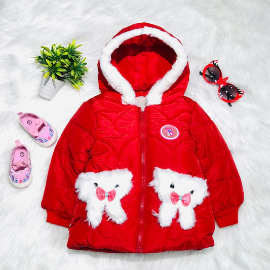 Girls Red Warm Inner Furr Hoodied Puffer Jacket